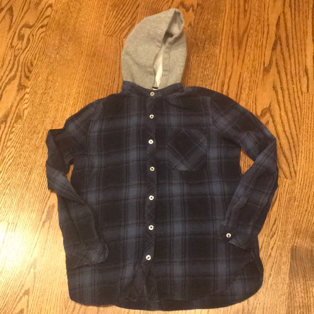 Girls blue plaid shirt with gray hoodie in size L